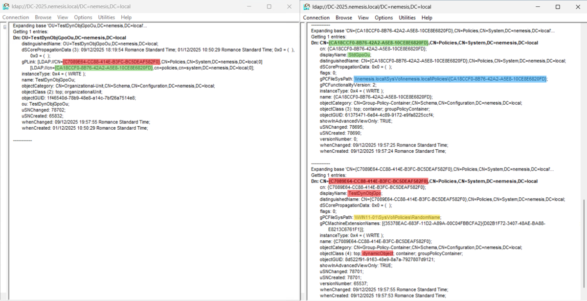 LDP comparison of a standard GPO vs. a dynamicObject GPO, showing how a temporary policy can be linked to an OU with a self-destructing gPCFileSysPath